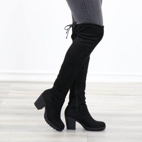 Lug Chunky Heel BlackThigh High Suede Boots - Picture 11 of 15